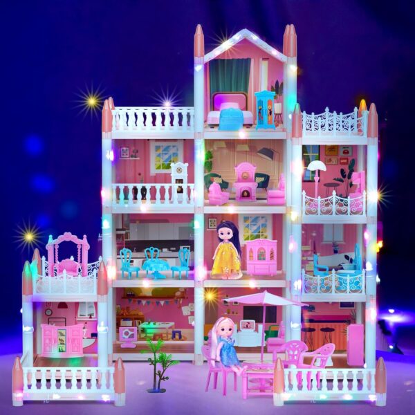 Pink 4-Story Dollhouse with 11 Rooms, Furniture, and Dolls for Creative Pretend Play