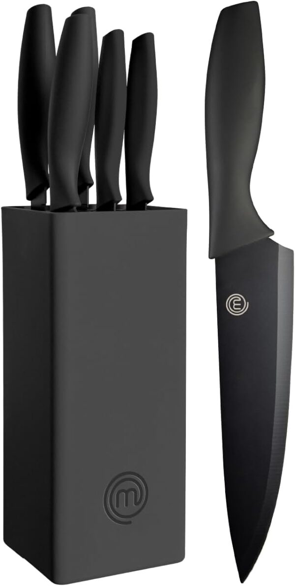 MasterChef Knife Set with Block, 5 Kitchen Knives with Sharp Stainless Steel Blades